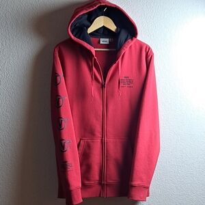 Vans Full Zip Hoodie Mens Medium Red Black Graphic Sleeve Logo Skate Streetwear